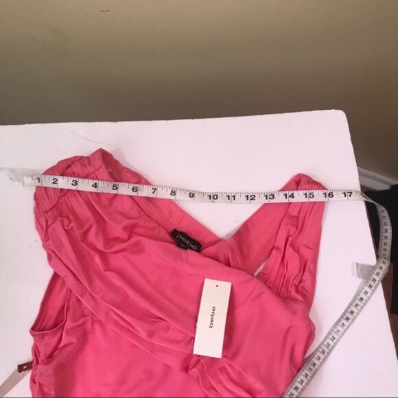 Bebe NEW Hot Pink Ruched Draped Tank Top Silky Stretch Bodycon Slimming Tank - Picture 5 of 11